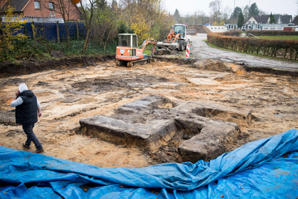 Uncovered: A giant Swastika-shaped foundation sits found during construction work in Hamburg, Germany: Christian Charisius/dpa via AP
