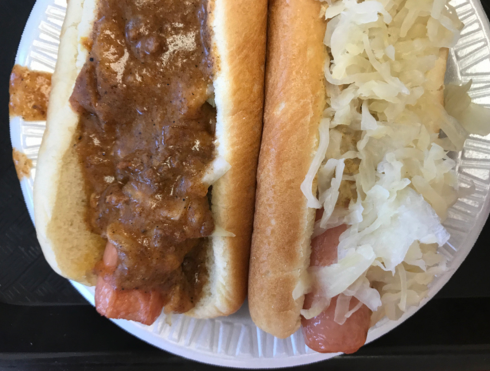 River View East hot dogs. On the left, All the Way, on the right, with sauerkraut.