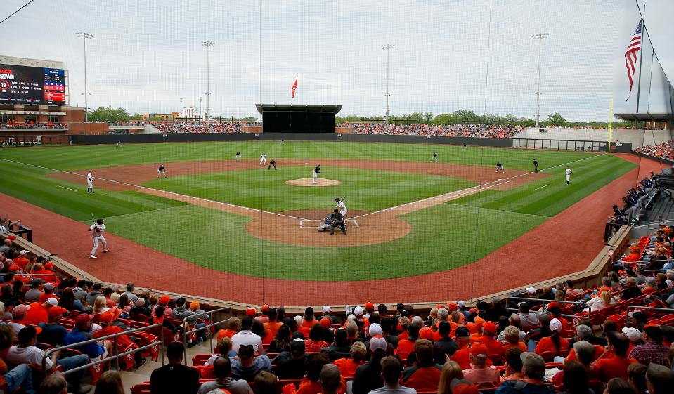 Fans watch during a baseball game between the Oklahoma State Cowboys (OSU) and New Orleans at O'Brate Stadium in Stillwater, Okla., Thursday, May 20, 2021. 