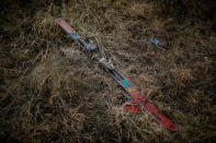 A Fischer ski lies in grass at the abandoned Alps Ski Resort located near the demilitarised zone separating the two Koreas in Goseong, South Korea, January 17, 2018. REUTERS/Kim Hong-Ji