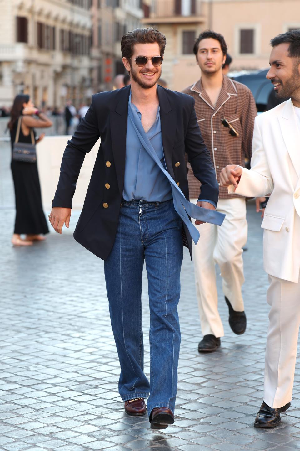 Andrew Garfield arriving at  Valentino Haute Couture Fall/Winter 22/23 show in Rome, Italy.