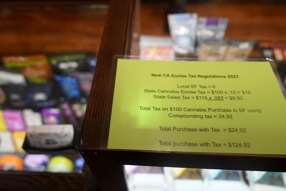 A sign advising sales taxes are displayed at a California Street Cannabis Company location in San Francisco on March 20, 2023. Along the West Coast, which has dominated U.S. marijuana production from long before legalization, producers are struggling with what many call the failed economics of legal pot...a challenge inherent in regulating a product that remains illegal under federal law. (AP Photo/Jeff Chiu)