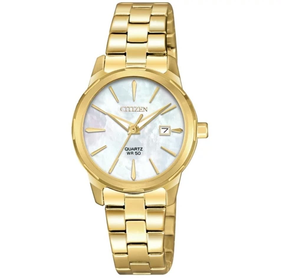 Gold-tone Citizen watch with a date display and metallic bracelet