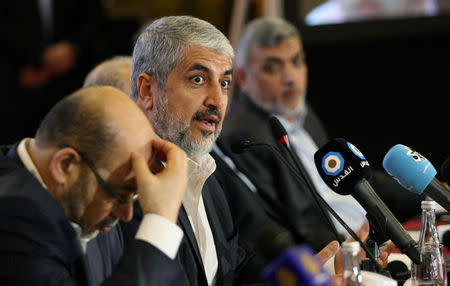 Hamas leader Khaled Meshaal gestures as he announces a new policy document in Doha, Qatar, May 1, 2017. REUTERS/Naseem Zeitoon