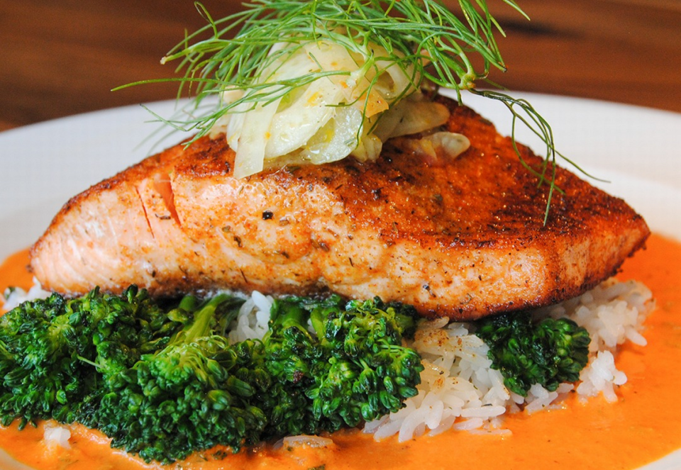 Burton’s spicy and flavorful Salmon Romesco.