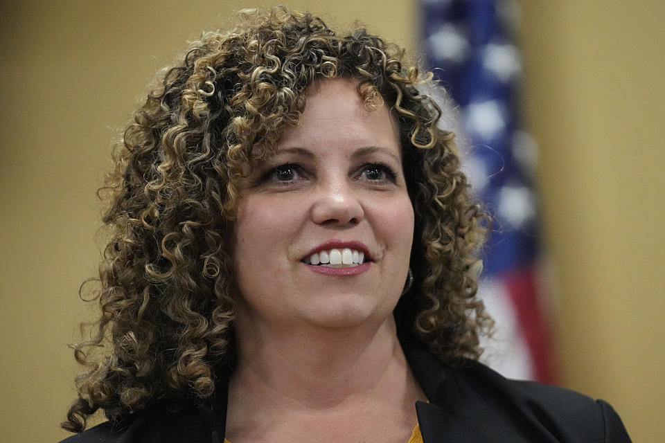 Utah 2nd Congressional District Republican nominee Celeste Maloy looks on during an election night party at the Utah Trucking Association, Tuesday, Nov. 21, 2023, in West Valley City, Utah. (AP Photo/Rick Bowmer)