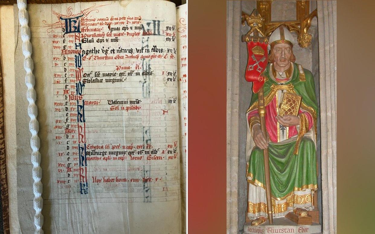 (Left) The 15th century manuscript entry. (Right) A statue of Thurstan, who is widely recognised as one of medieval England’s most influential figures