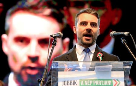 FILE PHOTO: Chairman of the Hungarian right wing opposition party Jobbik Gabor Vona speaks at a rally during Hungary's National Day celebrations, in Budapest, Hungary, March 15, 2018. REUTERS/Bernadett Szabo/File Photo