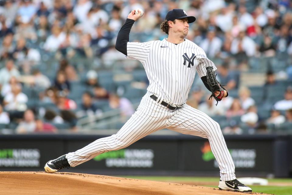 June 3, 2022; Bronx, N.Y. -- Yankees starting pitcher Gerrit Cole (45) pitches in the first inning against the Detroit Tigers at Yankee Stadium. Mandatory Credit: Wendell Cruz-USA TODAY Sports