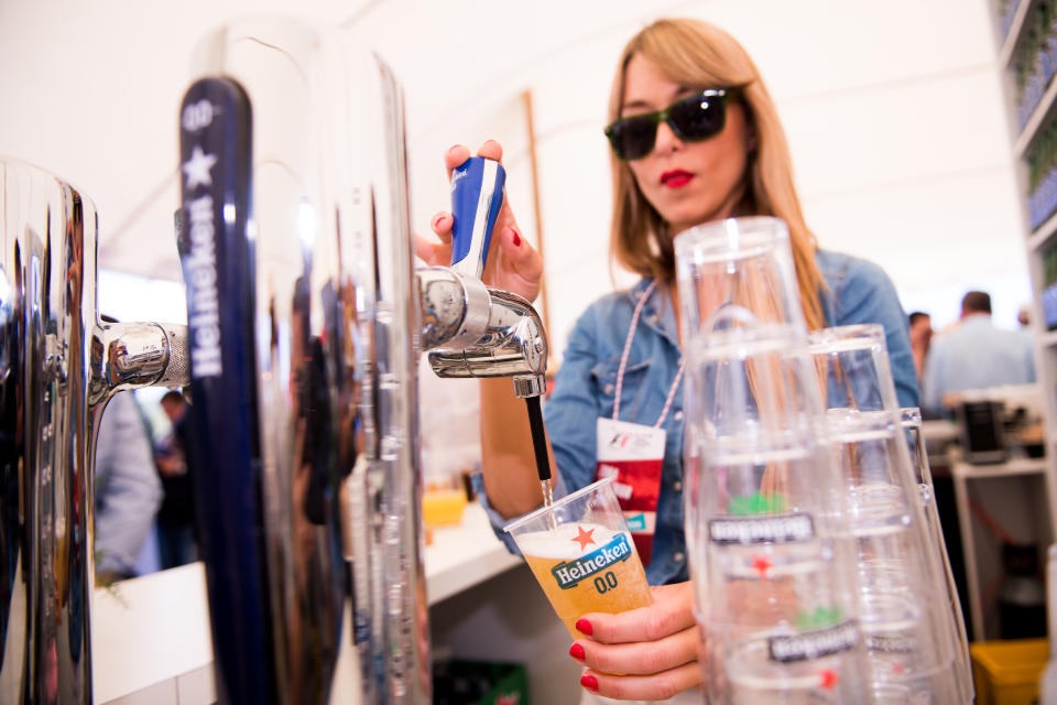 MONTMELO, SPAIN - MAY 14: A 'Heineken 0.0' is served at the Heineken 0.0 grandstand, celebrating the launch of the zero alcohol beer 'Heineken 0.0' during the Spanish Formula One Grand Prix at Circuit de Catalunya on May 14, 2017 in Montmelo, Spain. (Photo by Alex Caparros/Getty Images for Heineken)