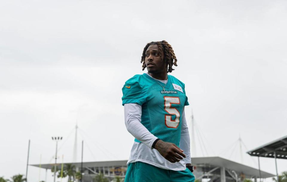 Miami Dolphins cornerback Jalen Ramsey (5) looks on before speaking to the media during team practice at the Baptist Health Training Complex on Tuesday, June 6, 2023, in Miami Gardens, Fla.