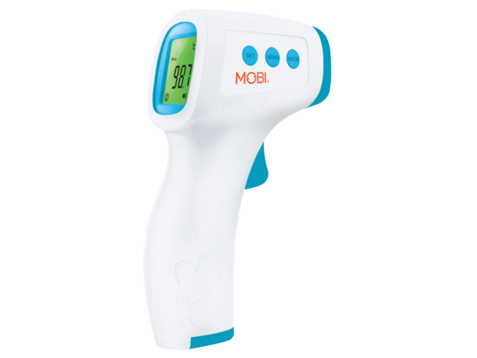 White MOBI thermometer Temperature check in only one sec! (Photo: Walmart) https://goto.walmart.com/c/2055067/565706/9383?subId1=2&subId2=walmart-sales-22322&subId3=walmart-sales-22322&sharedid=yahoolifestyle-walmart-sales-22322&veh=aff&sourceid=imp_000011112222333344&u=https%3A%2F%2Fwww.walmart.com%2Fip%2FMOBI-Non-Contact-Forehead-Thermometer-with-Fever-Indicators-and-Object-Mode-Fever-Thermometer-Cold-Flu-Thermometer%2F991905018%3Fathbdg%3DL1600