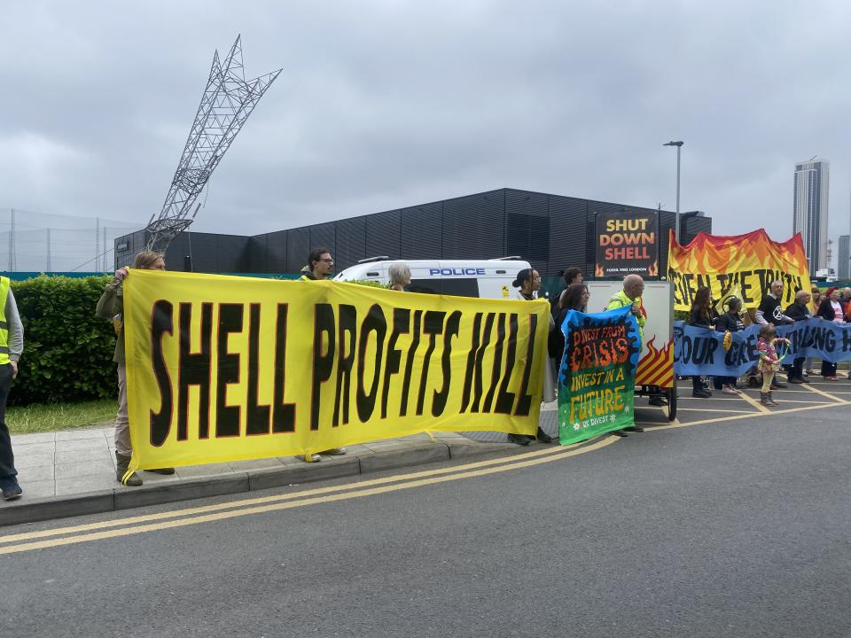 Protesters gather outside Shell's AGM