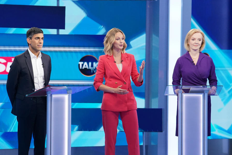 Rushi Sunak and Liz Truss with host TalkTV Political Editor Kate McCann in the middle. 