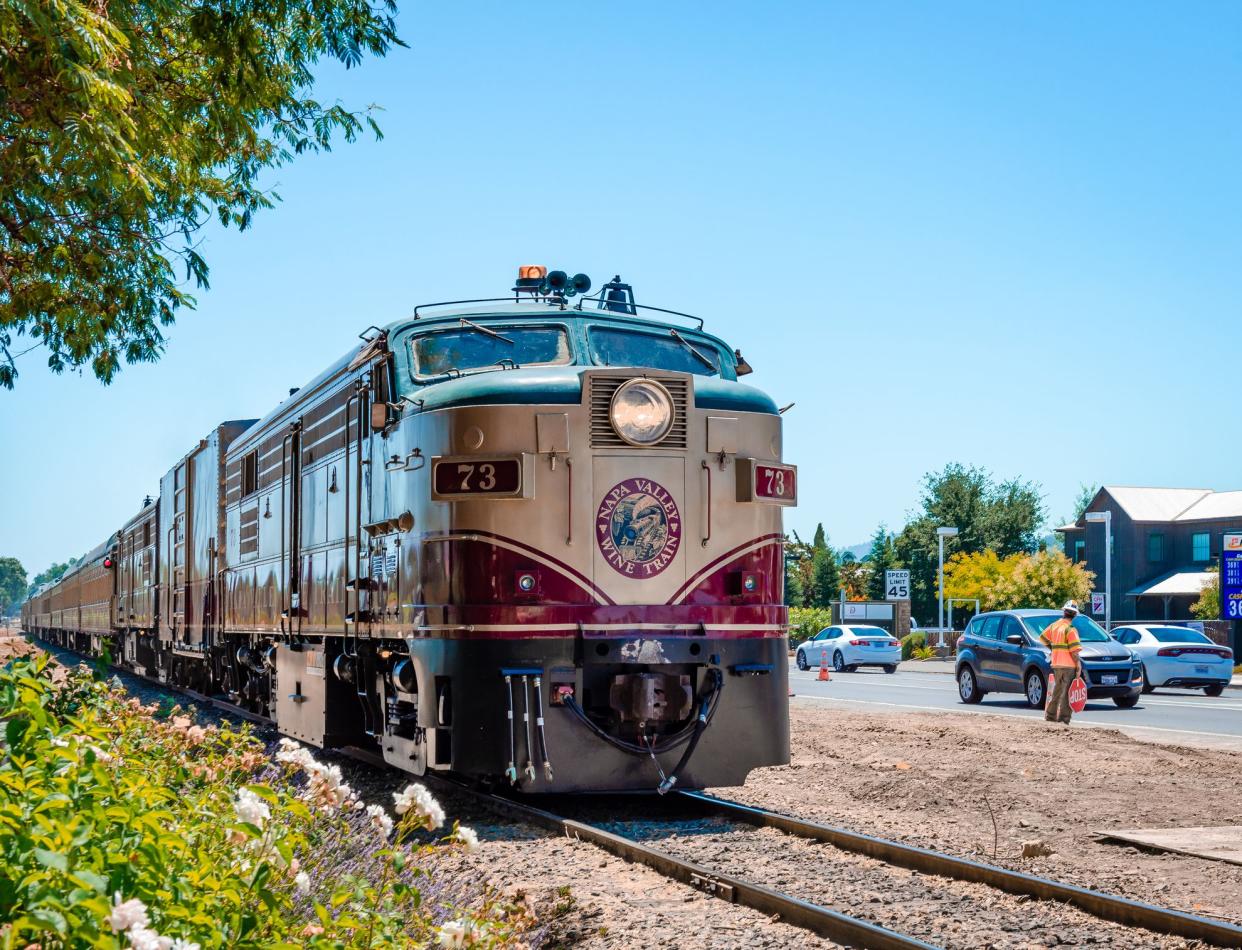 Napa, CA / USA - July 15, 2015: The Napa Valley Wine Train. It's a privately-operated excursion train that runs between Napa and St. Helena, passing through vineyards and wineries.