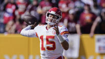 Kansas City Chiefs quarterback Patrick Mahomes (15) throws a pass during the first half of an NFL football game against the Washington Football Team, Sunday, Oct. 17, 2021, in Landover, Md. (AP Photo/Alex Brandon)