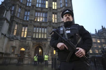 An armed police officer stands outside the Houses of Parliament, central London November 26 , 2014. REUTERS/Paul Hackett