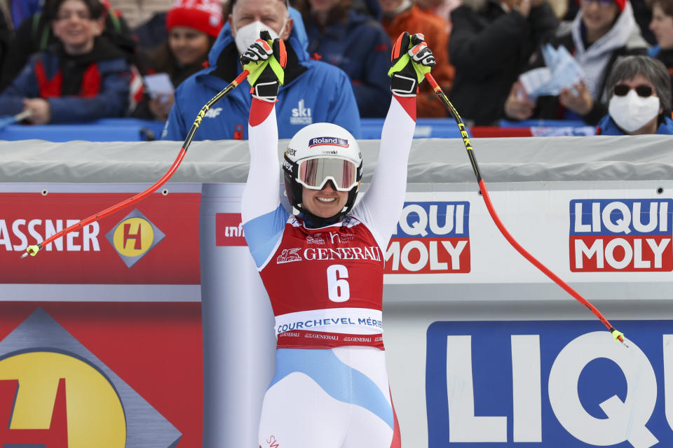 Switzerland's Joana Haehlen reacts in the finish area of an alpine ski, women's World Cup Finals downhill, in Courchevel, France, Wednesday, March 16, 2022. (AP Photo/Alessandro Trovati)