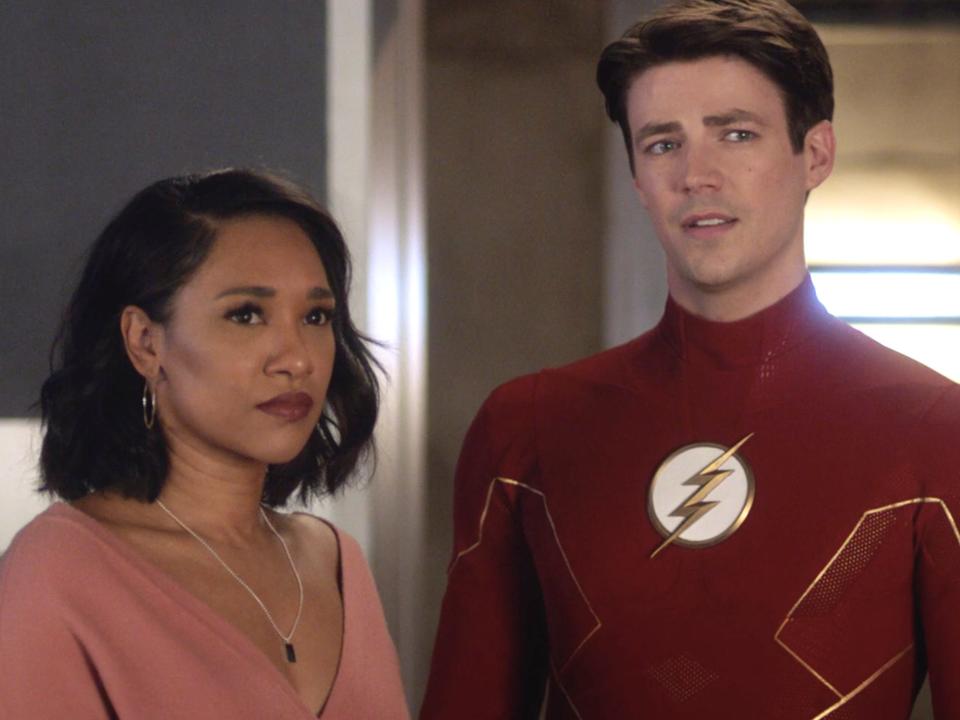 Candice Patton as Iris West-Allen and Grant Gustin as Barry Allen on season seven, episode 11 of "The Flash."