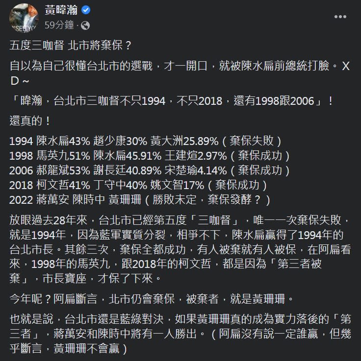 資深媒體人黃暐瀚以「五度三咖督 北市將棄保？」為題發文，稱訪問陳水扁前總統，他預言今年北市「三咖督」選情到最後仍會發生「棄保」。   圖：截取黃暐瀚臉書