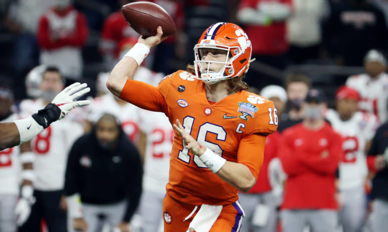 Trevor Lawrence throwing against Ohio State.