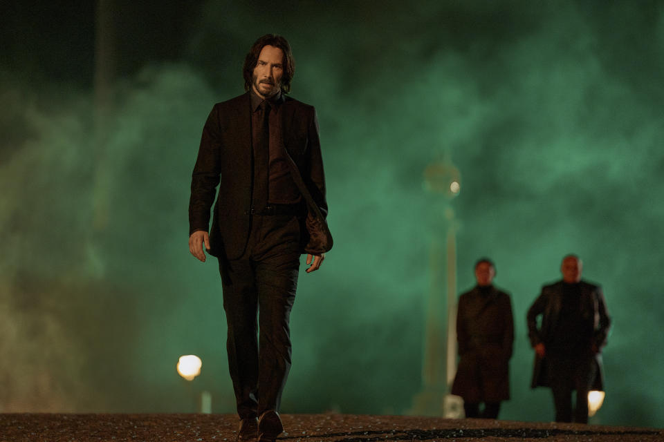 This image released by Lionsgate shows Keanu Reeves as John Wick in a scene from "John Wick 4." (Murray Close/Lionsgate via AP)