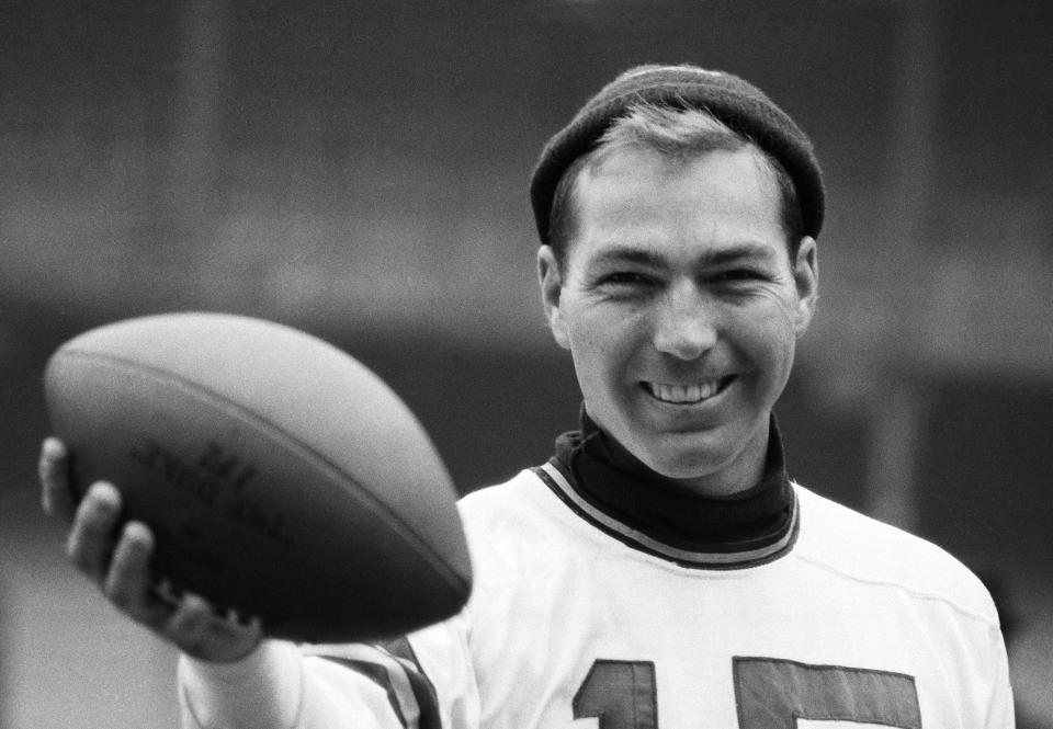 FILE - This is a Dec. 29, 1962, file photo showing Green Bay Packers quarterback Bart Starr during a workout at Yankee Stadium in New York. Starr, the Green Bay Packers quarterback and catalyst of Vince Lombardi's powerhouse teams of the 1960s, died on May 26, 2019. He was 85(AP Photo/File)