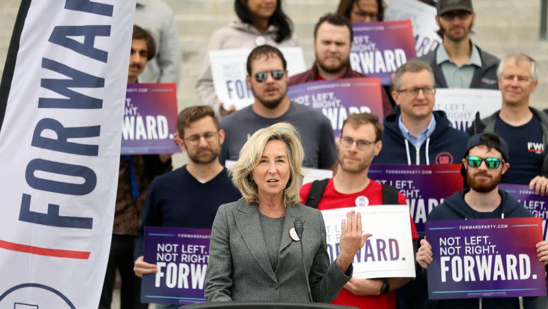 Former Massachusetts Lt. Gov. Kerry Healey, who served under Mitt Romney, speaks during a press conference with the Utah Forward Party to announce the party’s collection of more than 2,000 petition signatures, which is required to put the party on voting ballots, outside of the Capitol in Salt Lake City on Wednesday, Oct. 11, 2023.