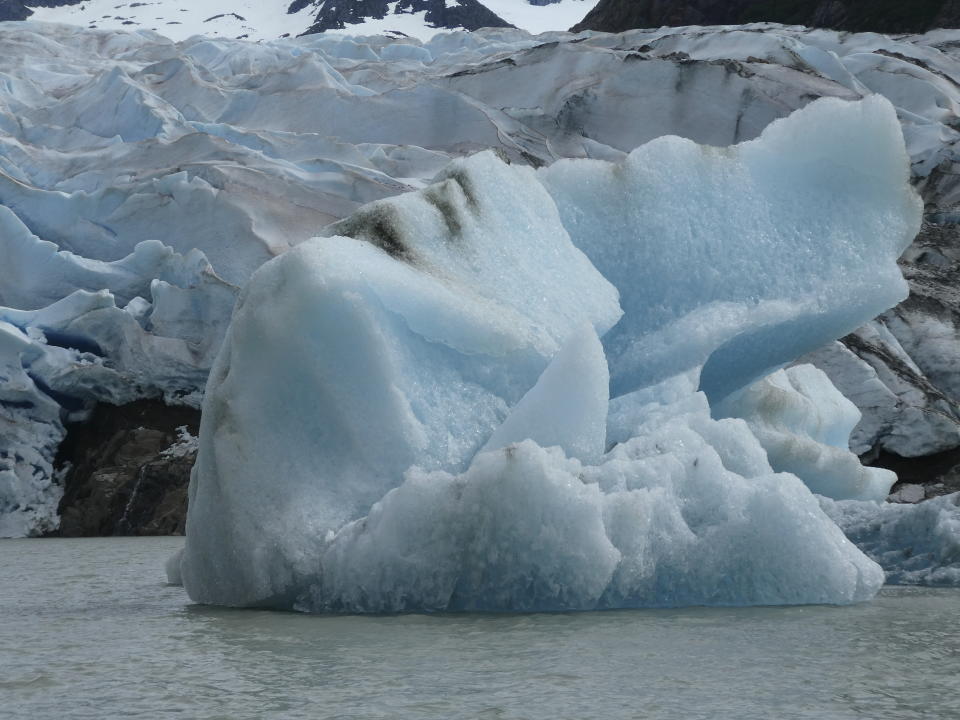 An iceberg floats in front of the Mendenhall Glacier on June 8, 2023, in Juneau, Alaska. Mendenhall Lake separates the glacier from the visitor center area, where buses drop tourists. As the Mendenhall Glacier continues to recede, tourists are flooding into Juneau. A record number of cruise ship passengers are expected this year in the city of about 30,000 people. (AP Photo/Becky Bohrer)