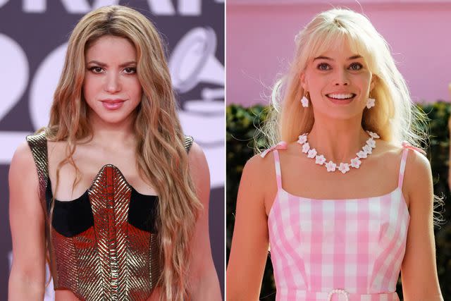 <p>Patricia J. Garcinuno/WireImage, Jaap Buitendijk/Warner Bros.</p> Shakira; Margot Robbie as Barbie in 'Barbie'