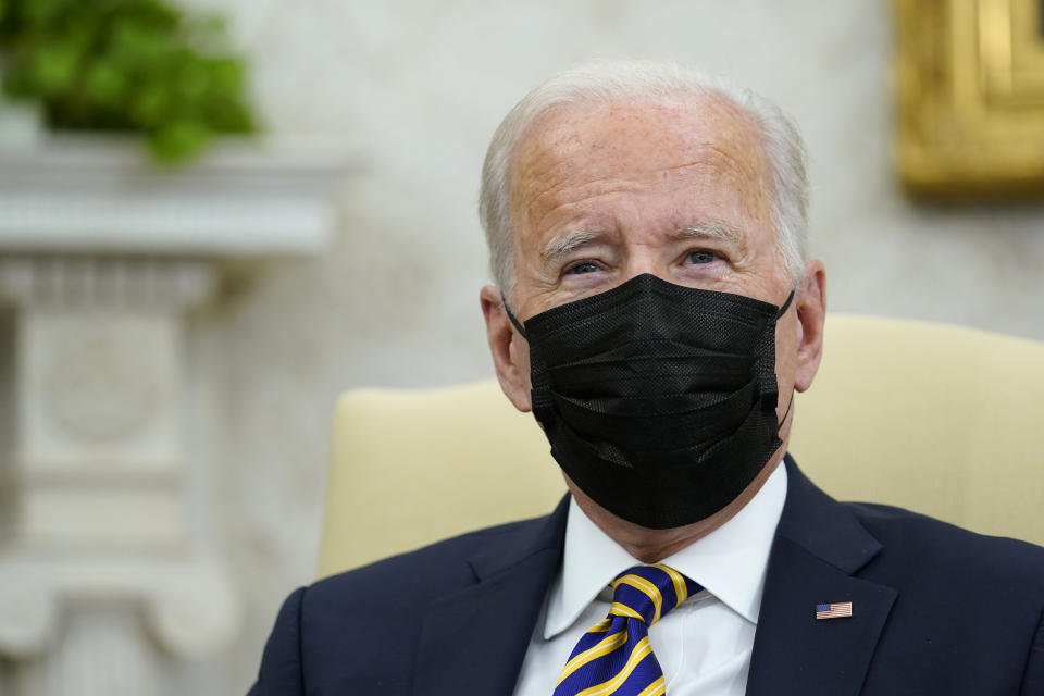 President Joe Biden speaks during his meeting with Kenyan President Uhuru Kenyatta in the Oval Office of the White House in Washington, Thursday, Oct. 14, 2021. (AP Photo/Susan Walsh)