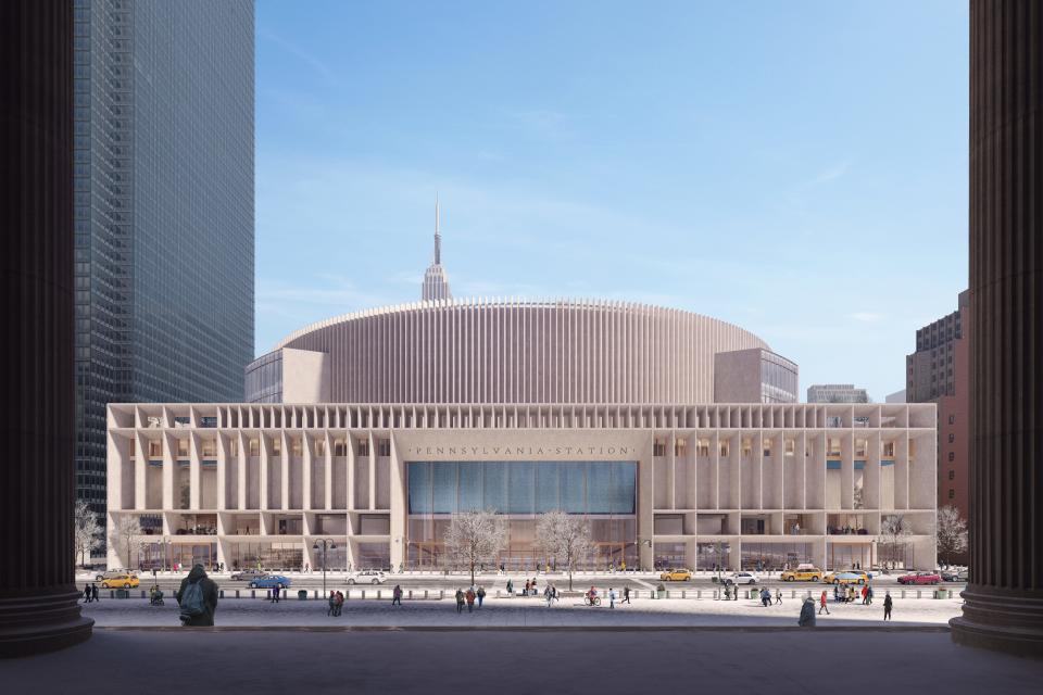 A rendering of New York Penn Station from Eighth Avenue, based on designs by architecture firm ASTM North America.