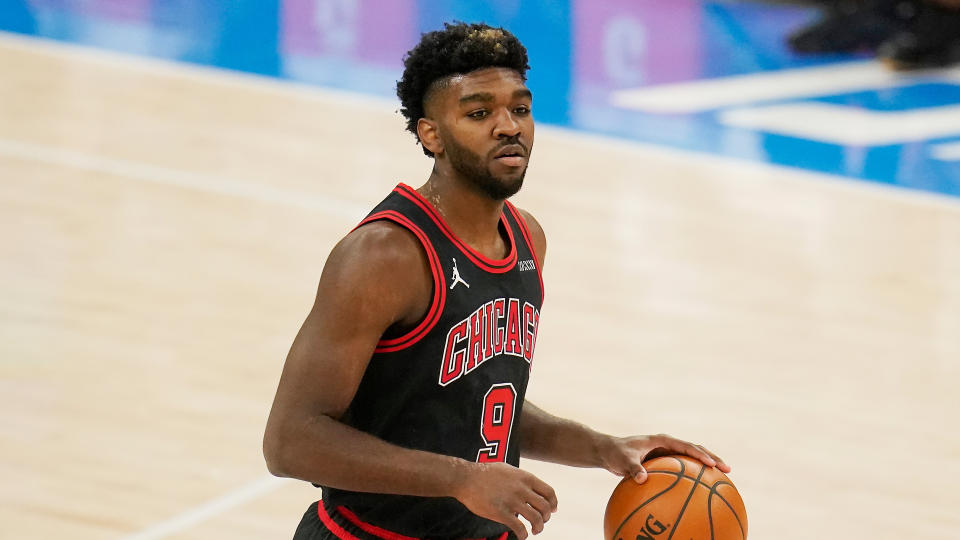 Chicago Bulls forward Patrick Williams (9) during an NBA basketball game against the Oklahoma City Thunder, Friday, Jan. 15, 2021, in Oklahoma City. (AP Photo/Sue Ogrocki)