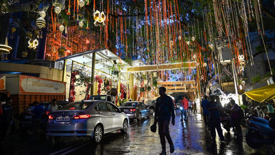 The Ambani family residence Antilia, which will host some of the weekend's festivities, has been extravagantly decorated ahead of the ceremony. - Punit Paranjpe/AFP/Getty Images