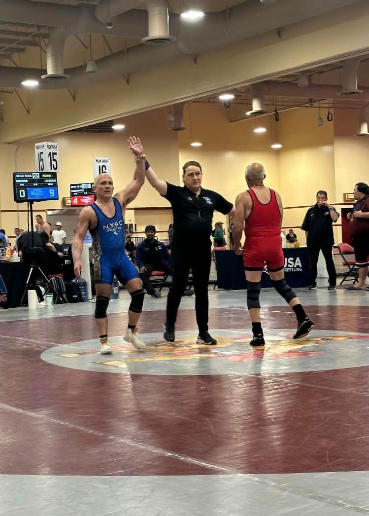 At 61 years old, John Laurenzi won a national title in Greco-Roman wrestling and finished second in freestyle wrestling in the 70 kg Masters Division of the 2024 U.S. Open in Las Vegas. Laurenzi (left) in competition.