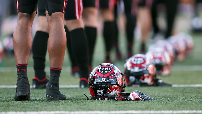 Utah players stretch as they prepare to play USC at Rice-Eccles Stadium in Salt Lake City on Saturday, Oct. 15, 2022.