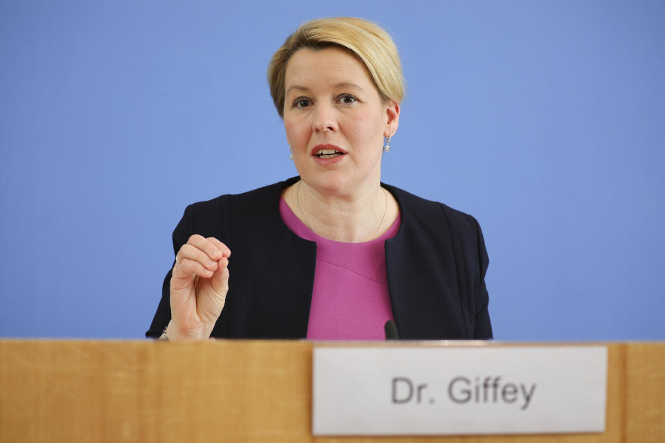 BERLIN, GERMANY - APRIL 09: Families Minister Franziska Giffey speaks to the media during the coronavirus crisis on April 9, 2020 in Berlin, Germany. The number of confirmed coronavirus cases in Germany has surpassed 100,000 and the number of deaths continues to rise. While public support for the measures imposed by authorities to limit public life in an effort to slow the spread of virus remains strong, people are wondering how long the measures will last, especially as the economic impact of the disruptions becomes more acute. (Photo by Omer Messinger-Pool/Getty Images)