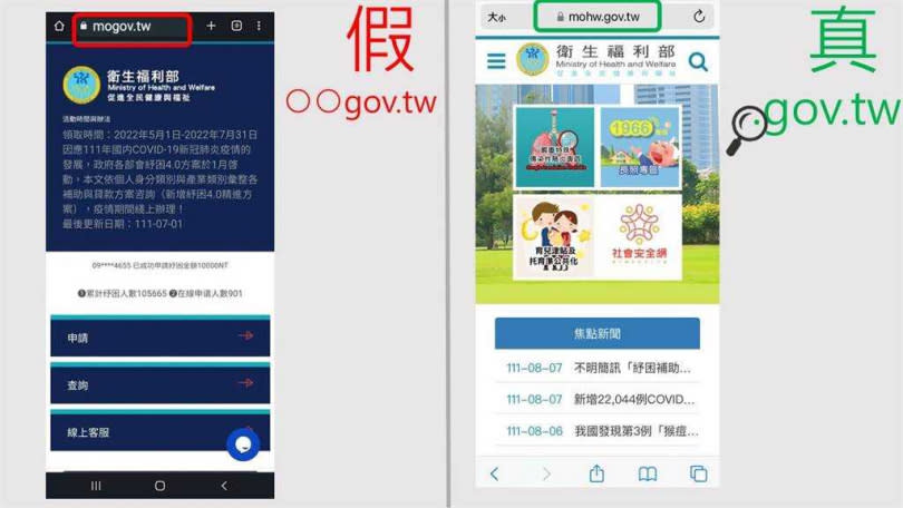 警方公布真假衛福部網址的差異。（圖／翻攝照片）