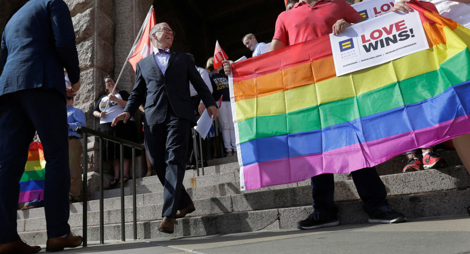 Jim Obergefell, the named plaintiff in the <i>Obergefell v. Hodges</i> Supreme Court case that legalized same sex marriage nationwide, arrives for a news conference on the steps of the Texas Capitol, June 29, 2015, in Austin.