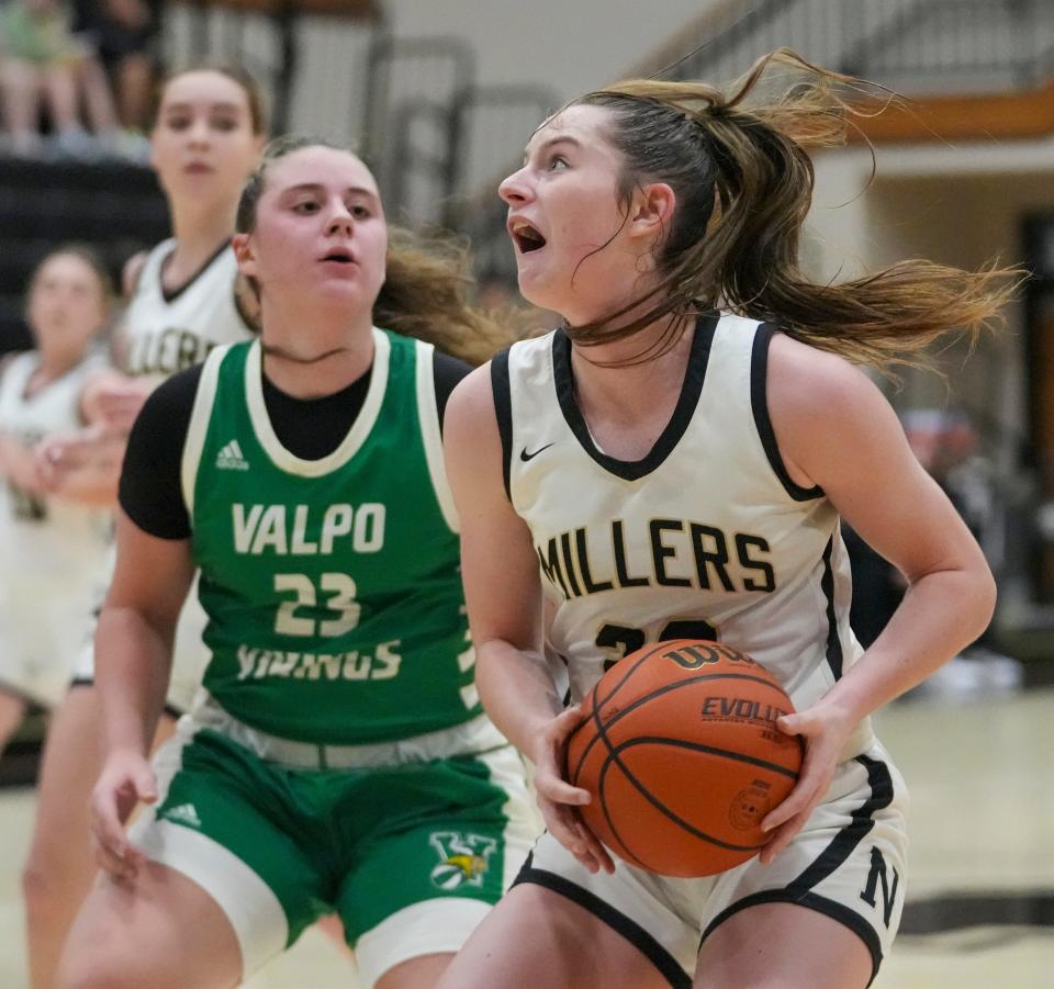 Valparaiso High School's Lillian Barnes (23) defends Noblesville High School's Meredith Tippner (23), at Noblesville High School, Dec 28, 2023. Noblesville won 65-56.