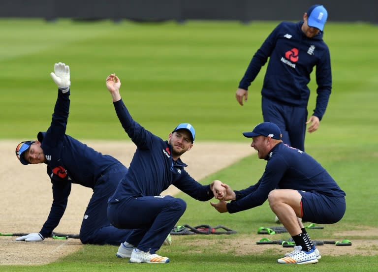 Mark Stoneman (centre) trains with England at Edgbaston on the eve of the first Test against the West Indies