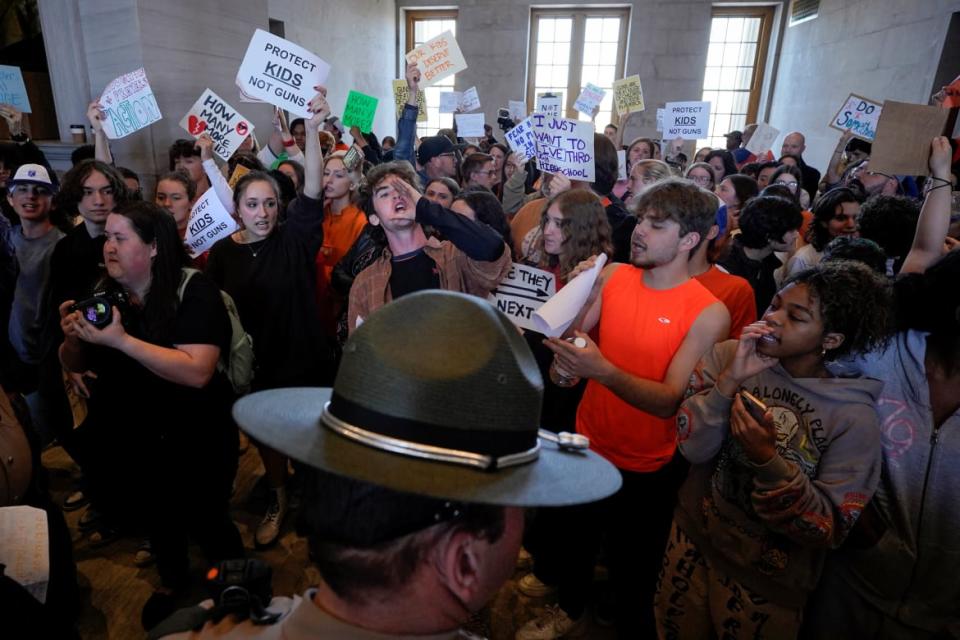 <div class="inline-image__title">TENNESSEE-SHOOTING/</div> <div class="inline-image__caption"><p>Protesters gather inside the Tennessee State Capitol to call for an end to gun violence and support stronger gun laws after a deadly shooting at the Covenant School in Nashville, Tennessee, U.S. March 30, 2023. </p></div> <div class="inline-image__credit">Reuters</div>