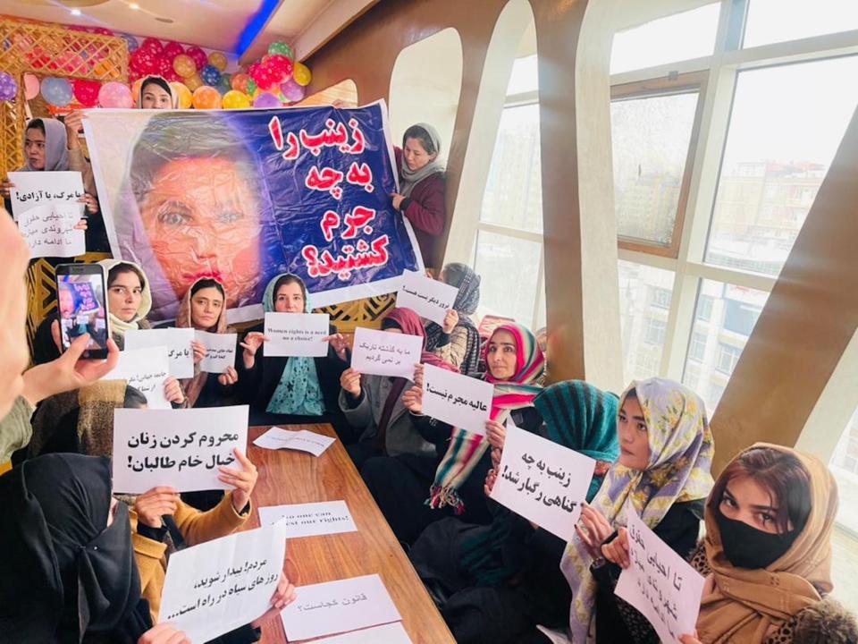 Members of the Spontaneous Movement of Women Activists in Afghanistan protests the killing of a Zainab, a Hazara women killed as her vehicle tried pass through checkpoint.