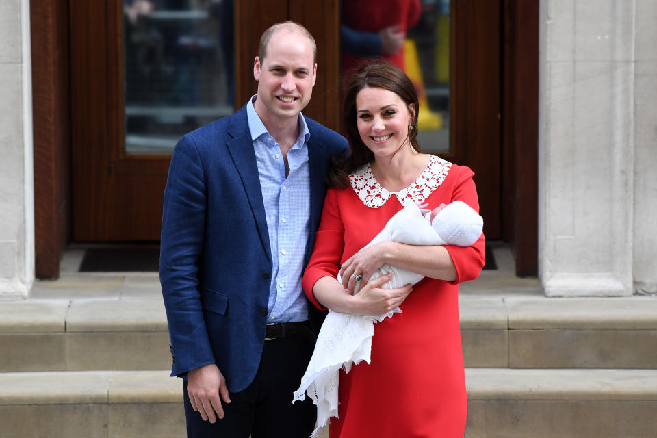 The Duke and Duchess of Cambridge pose with their newborn son outside of St. Mary’s Hospital in London. <em>(Getty Images)</em>