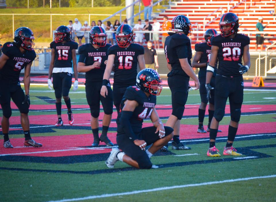 Marion Harding's Bradley Pennington (16)  is the most experienced member of the football team as he will line up middle linebacker this year.