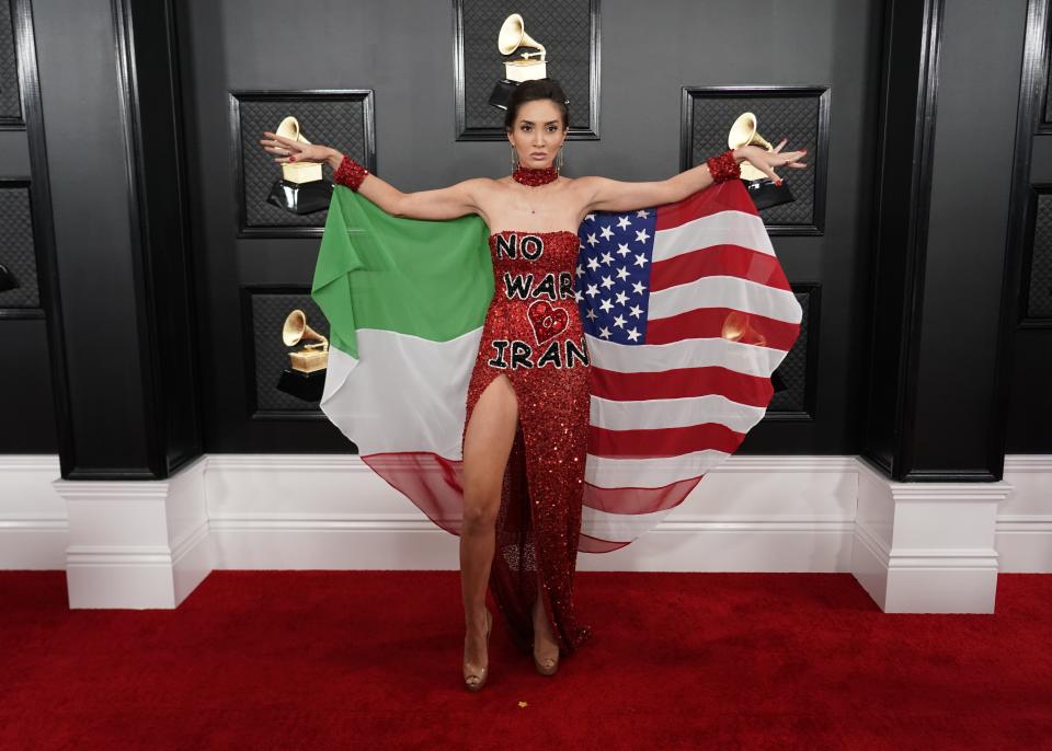 Megan Pormer made a statement about Iran with her dramatic Grammys get-up. (Photo: REUTERS/Mike Blake)