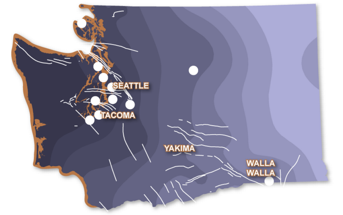 This map shows the intensity of ground shaking that would occur in a Cascadia subduction zone earthquake. Intensity lessens as waves move west to east. White dots represent locations of previous major quakes.