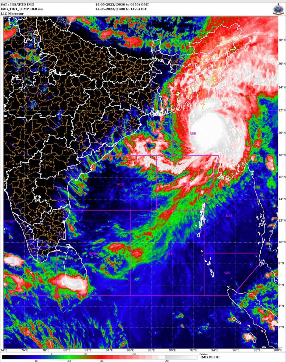 This satellite image provided by India Meteorological Department shows storm Mocha intensify into a severe cyclonic storm (IMD via AP)