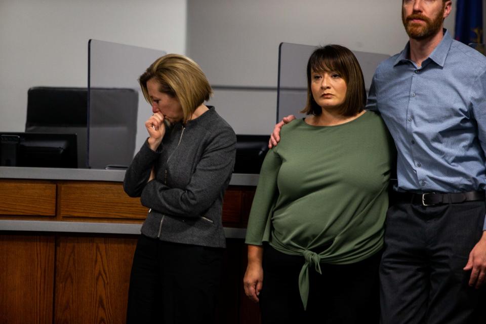 Members of the crowd react to the newly released footage from the shooting of Patrick Lyoya by a city police officer Wednesday, April 13, 2022, in downtown Grand Rapids. Lyoya was shot and killed by a city police officer April 4 after a traffic stop.