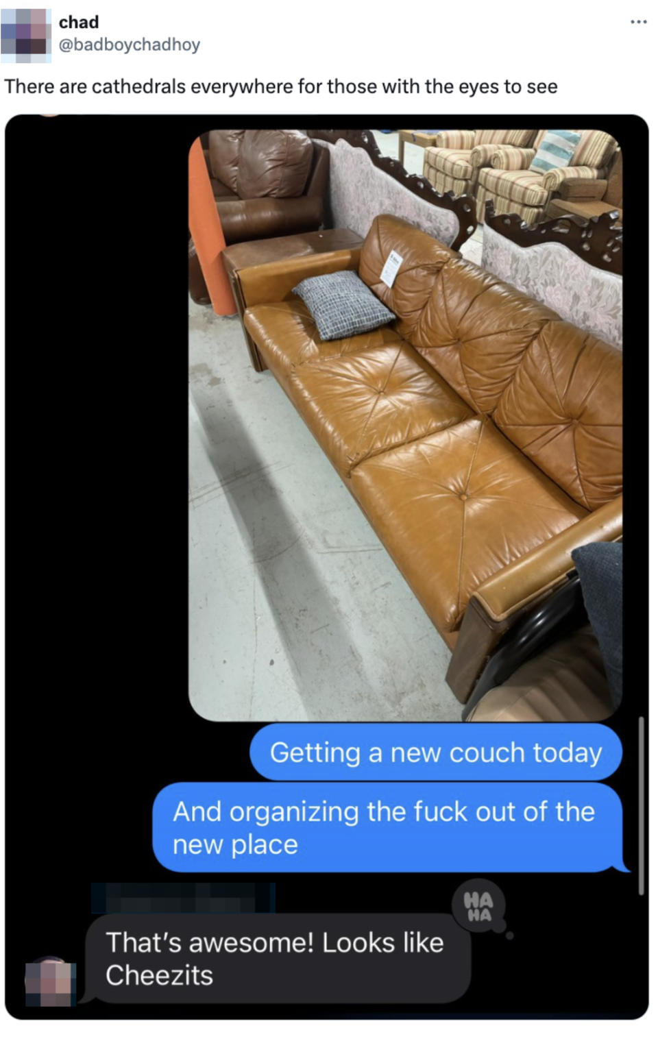 Screenshot of a tweet comparing a couch to Cheezits